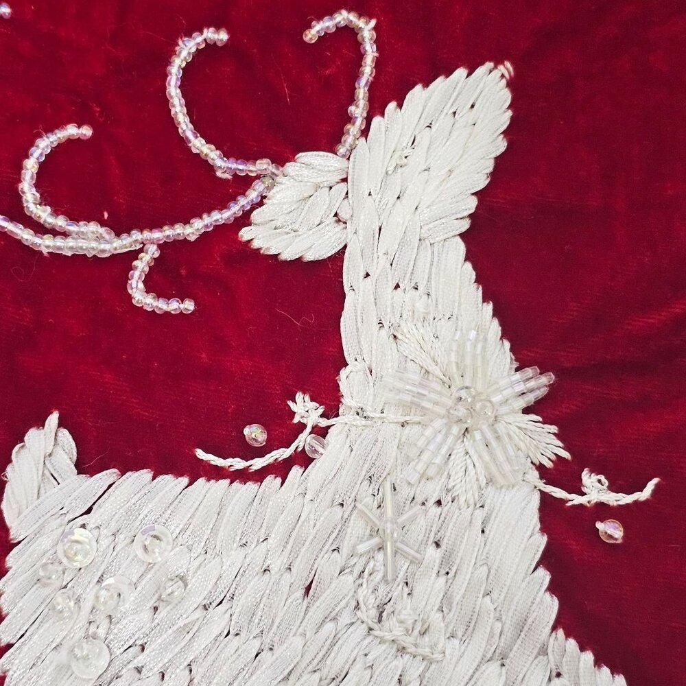 Red Velvet Christmas Stocking 18" handsewn ribbon reindeer lace beaded 2003 vtg - Picture 2 of 8